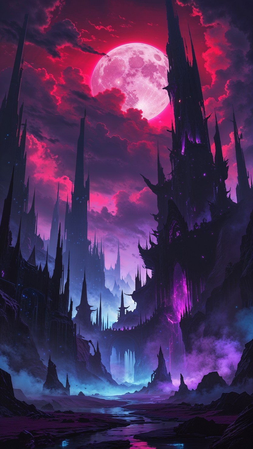 Crimson Moon Over Dark Spires