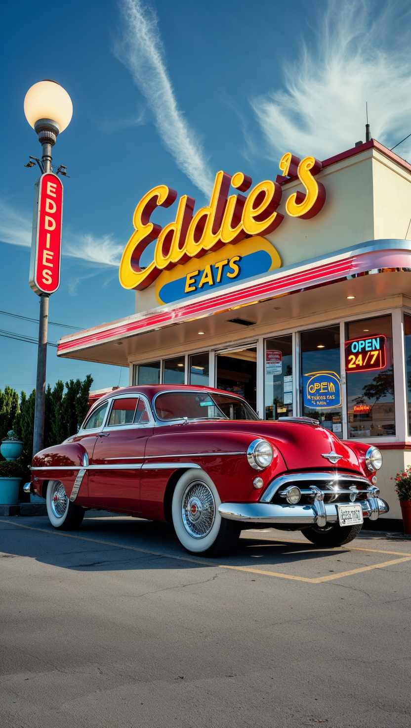 Vintage Diner with Classic Red Car