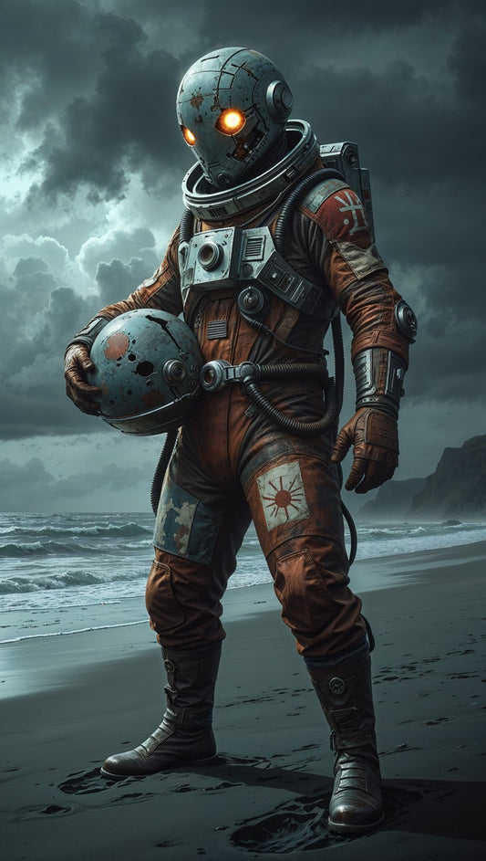 Post-Apocalyptic Robot Astronaut on Dark Beach