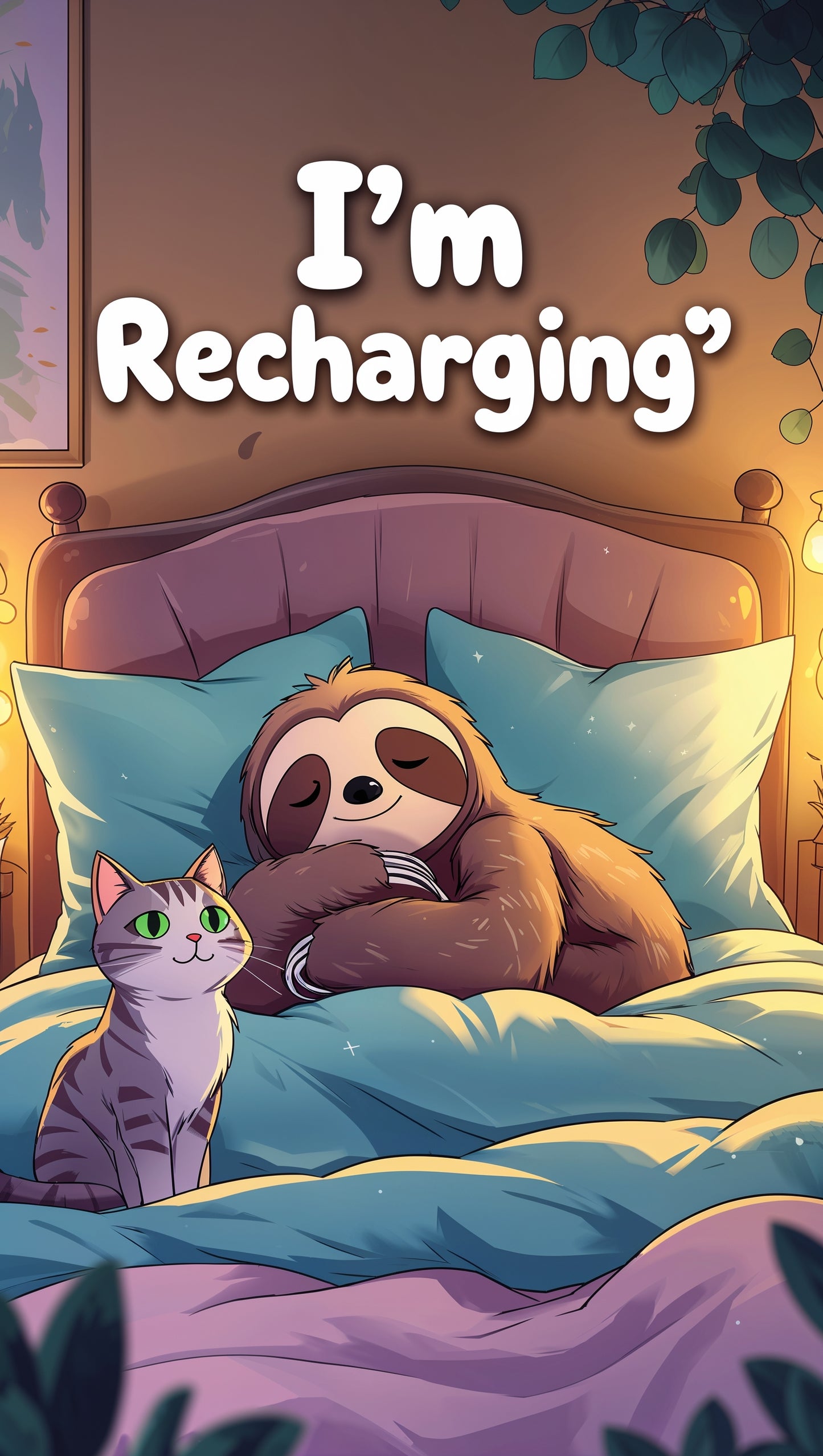 I’m Recharging – Cozy Sloth & Cat Bedtime Art
