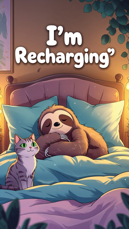 I’m Recharging – Cozy Sloth & Cat Bedtime Art