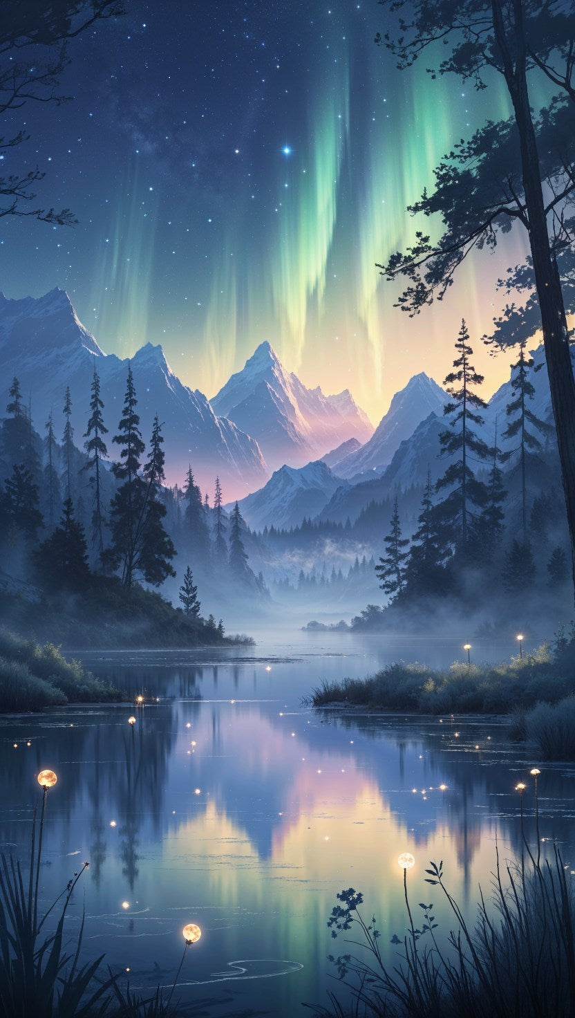 Northern Lights Over the Misty Mountains