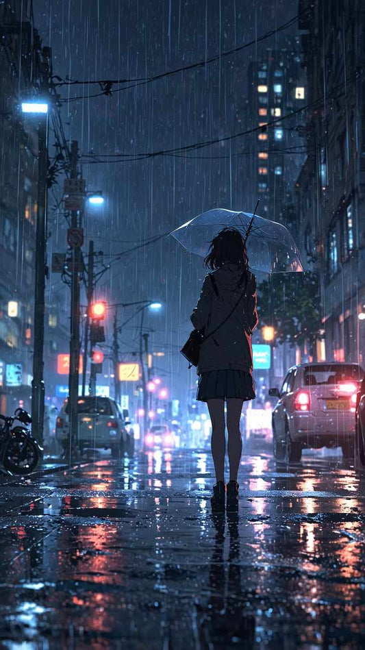 Girl with Umbrella – Anime Rainy Cityscape